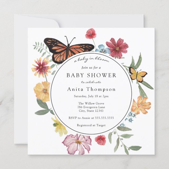 A Baby in Bloom Butterfly Wildflower Baby Shower Invitation (Front)