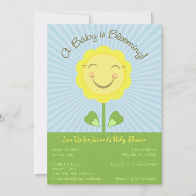 'A Baby is Blooming' Baby Shower Invitation - Blue (Front)