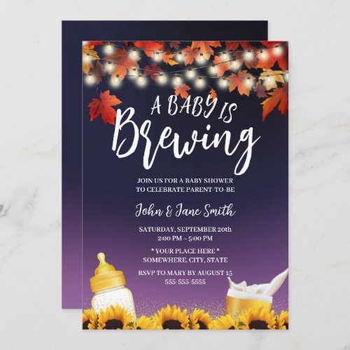 A Baby is Brewing Autumn Leaves Purple Baby Shower Invitation