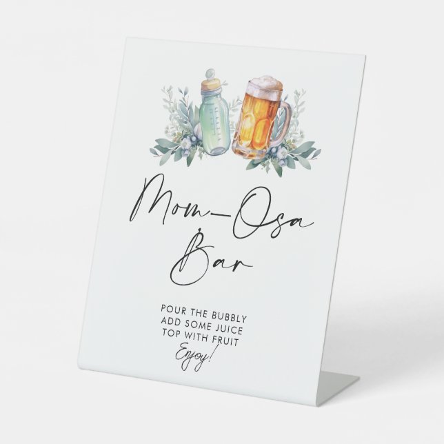 A Baby Is Brewing Baby Shower Mom-osa Bar Pedestal Sign (Front)