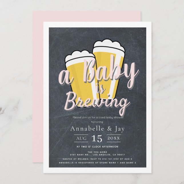 A Baby is Brewing Beer Co-ed Pink Baby Shower Invitation (Front/Back)