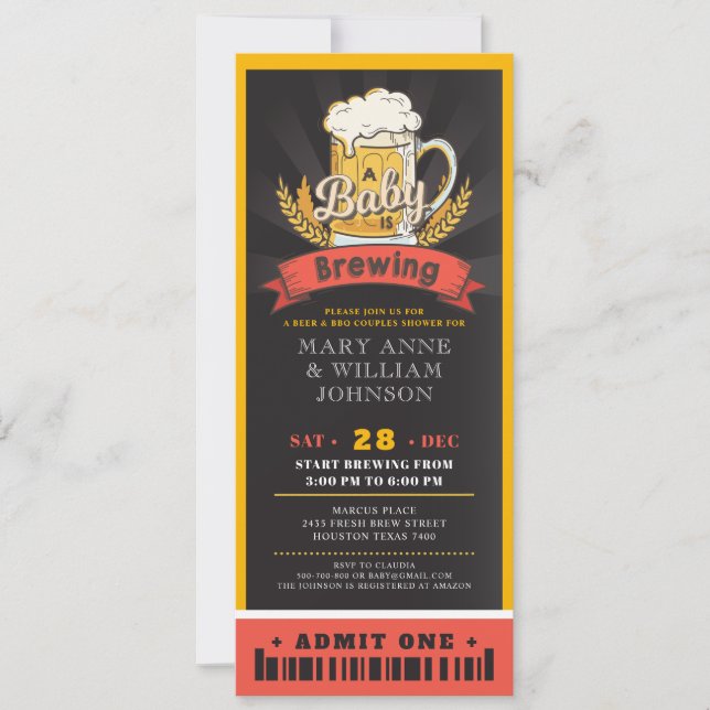 A baby is brewing beer ticket couples baby shower invitation (Front)