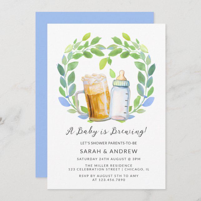 A Baby is Brewing Beers & Bottles Greenery Shower Invitation (Front/Back)