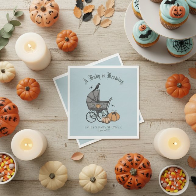 A Baby is Brewing Blue Baby Shower Napkins (Spooky Blue Vintage Baby Carriage Halloween Boy Baby Shower Napkins. Gothic Black Raven and Pumpkins)