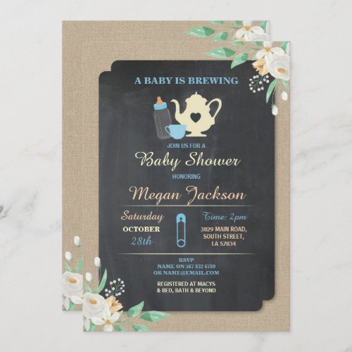 A BABY IS BREWING Blue Boy Shower Teapot Invite