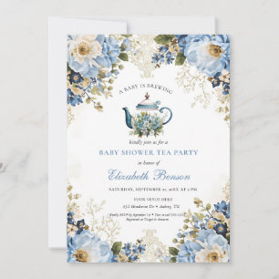 A Baby Is Brewing Blue Floral Shower Invitation