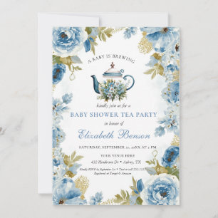 A Baby Is Brewing Blue Floral Shower Invitation