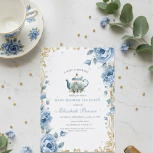 A Baby Is Brewing Blue Floral Shower Invitation