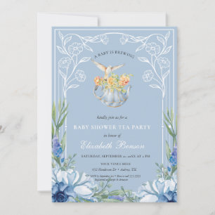 A Baby is Brewing blue Flower Baby Shower Tea Invitation