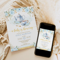 A Baby is Brewing Blue Gold Flower Baby Shower Tea