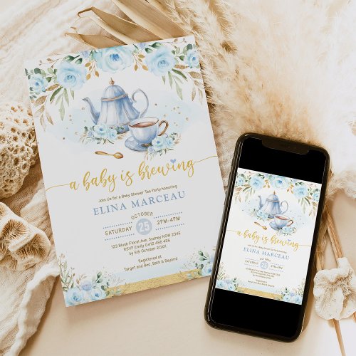 A Baby is Brewing Blue Gold Flower Baby Shower Tea Invitation