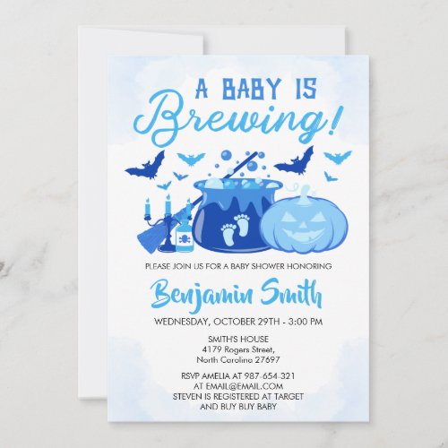 A Baby Is Brewing Blue Halloween Baby Shower Boy Invitation
