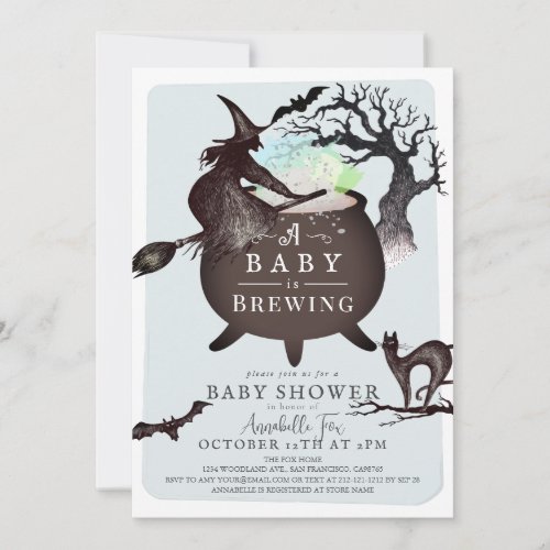 A Baby is Brewing Blue Halloween Baby Shower Invitation