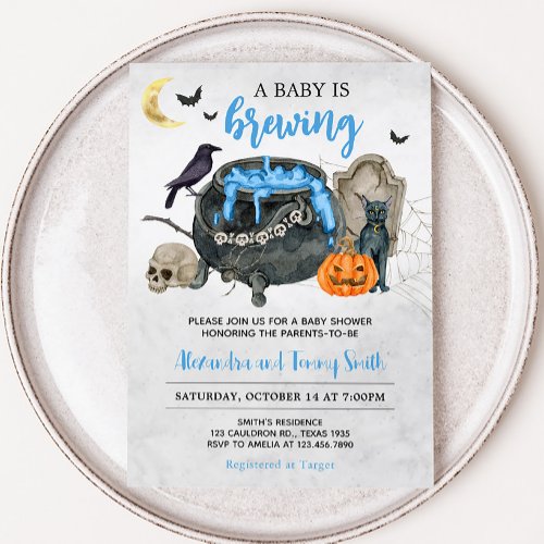 A Baby is Brewing Blue Halloween Baby Shower Invitation