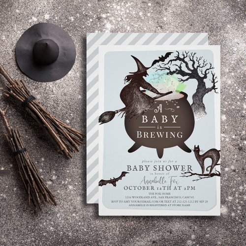 A Baby is Brewing Blue Halloween Baby Shower Invitation