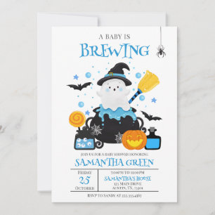 A Baby is Brewing Blue Halloween Baby Shower Invitation