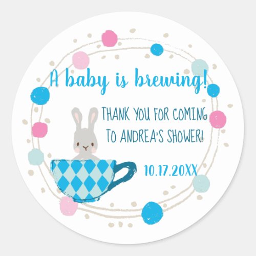 A Baby is Brewing Blue Teacup Baby Boy Shower Classic Round Sticker