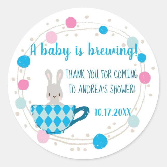 A Baby is Brewing Blue Teacup Baby Boy Shower Classic Round Sticker (Front)