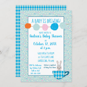A Baby is Brewing Blue Teacup Baby Boy Shower Invitation