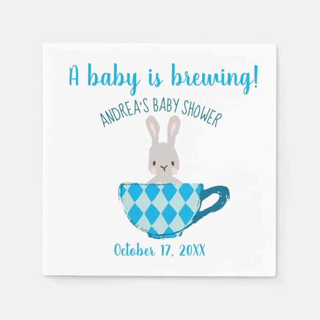 A Baby is Brewing Blue Teacup Baby Boy Shower Napkins (Front)