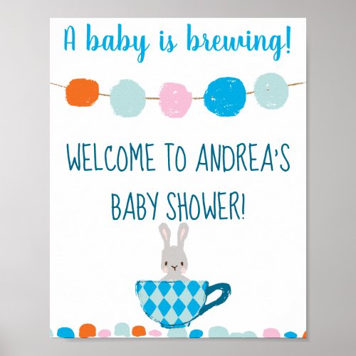 A Baby is Brewing Blue Teacup Baby Boy Shower Poster