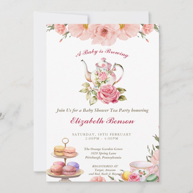 A Baby is Brewing Blush Flower Baby Shower Tea Inv Invitation (Front)