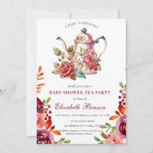 A Baby is Brewing Blush Flower Baby Shower Tea Inv Invitation