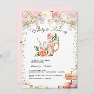 A Baby is Brewing Blush Flower Baby Shower Tea Invitation