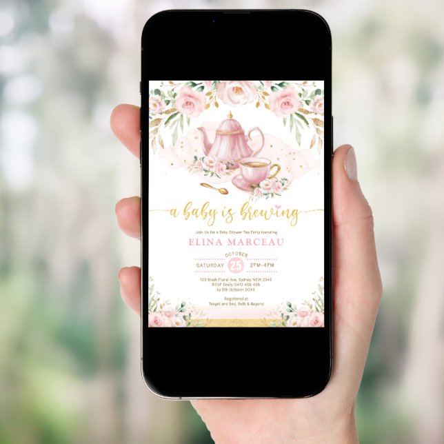 A Baby is Brewing Blush Flower Baby Shower Tea Invitation (Front Digital)