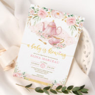 A Baby is Brewing Blush Flower Baby Shower Tea Invitation