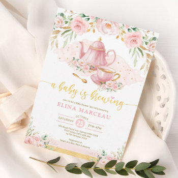 A Baby Is Brewing Blush Flower Baby Shower Tea Invitation by BlueBunnyStudio at Zazzle