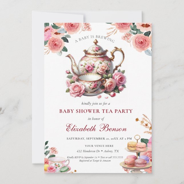 A Baby is Brewing Blush Flower Baby Shower Tea Invitation (Front)
