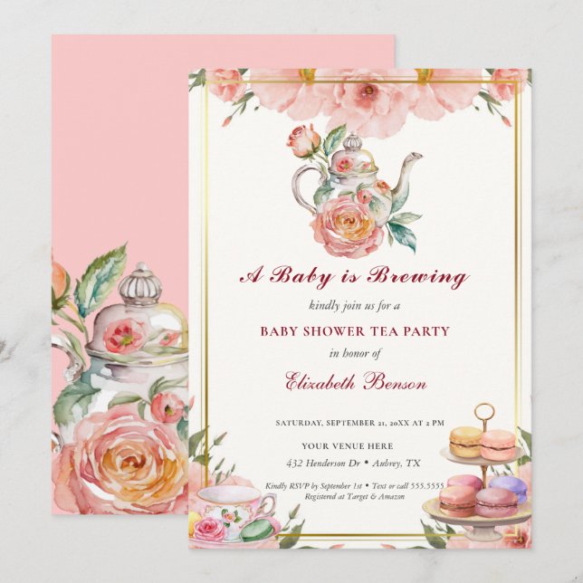 A Baby is Brewing Blush Flower Baby Shower Tea Invitation (Front/Back)