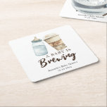 A Baby is Brewing Bottle Coffee Baby shower Square Paper Coaster<br><div class="desc">Watercolor paper cup of coffee and baby milk bottle.</div>