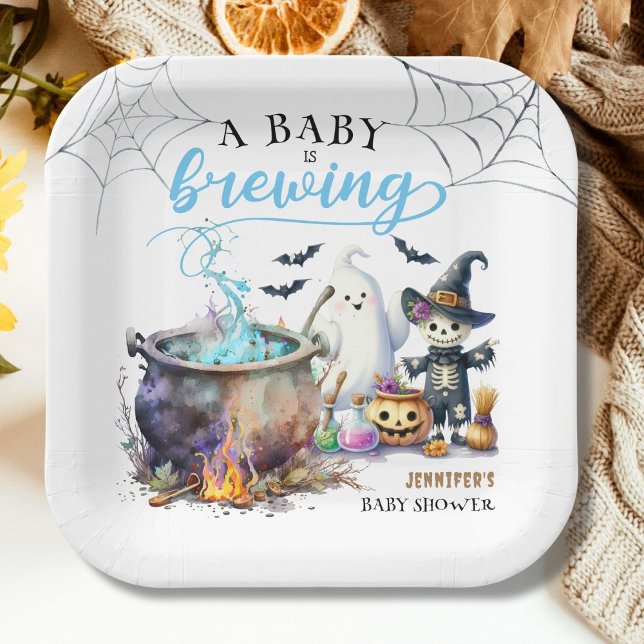A Baby is Brewing Boy Cute Halloween Baby Shower Paper Plates (Creator Uploaded)