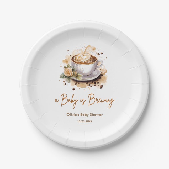 A Baby is Brewing Brown Coffee Baby Shower Paper Plates (Front)