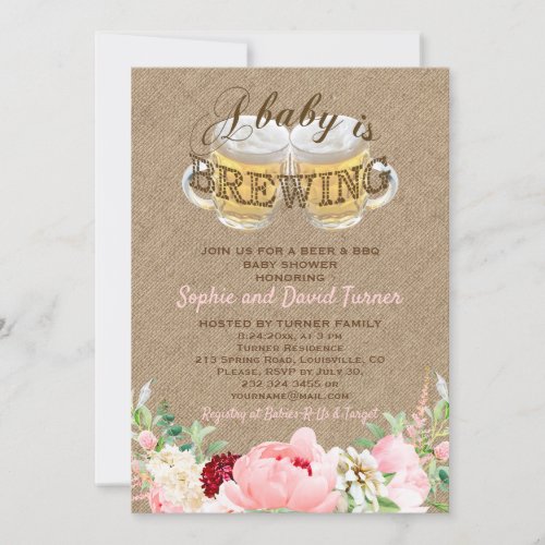 A Baby is Brewing Burlap Floral BBQ Baby Shower Invitation