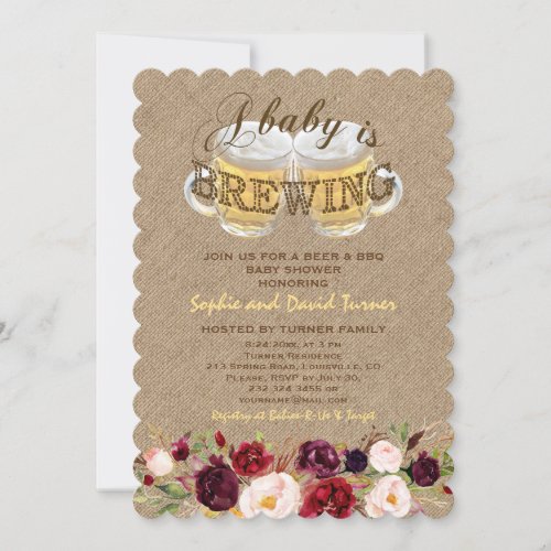 A Baby is BREWING Burlap Flowers BBQ Baby Shower Invitation