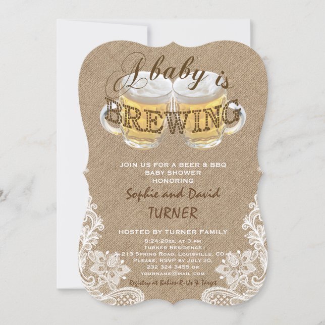 A Baby is BREWING Burlap Lace Baby Shower Invitation (Front)