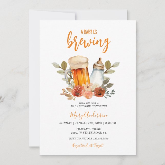 A Baby Is Brewing Burnt Orange Floral Baby Shower Invitation (Front)