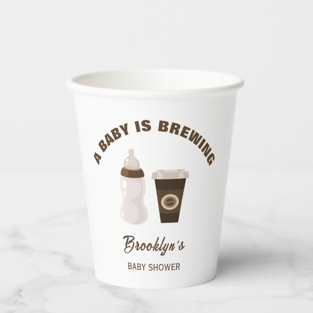 A Baby Is Brewing Coffee Baby Shower Brown White Paper Cups (Front)