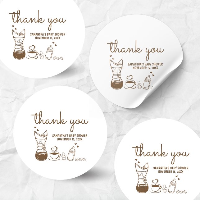 A Baby is Brewing Coffee Baby Shower  Classic Round Sticker (A Baby is Brewing Coffee Hand Drawn Baby Shower Sticker)