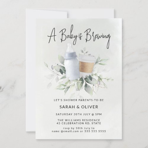 A Baby is Brewing Coffee Greenery Blue Baby Shower Invitation