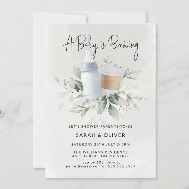A Baby is Brewing Coffee Greenery Blue Baby Shower Invitation (Front)