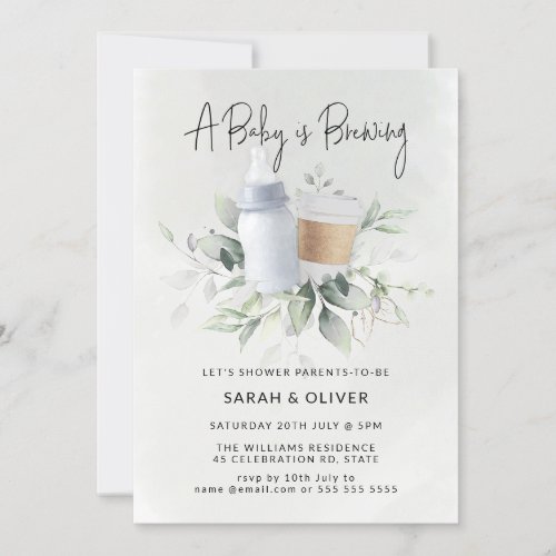 A Baby is Brewing Coffee Greenery Blue Baby Shower Invitation
