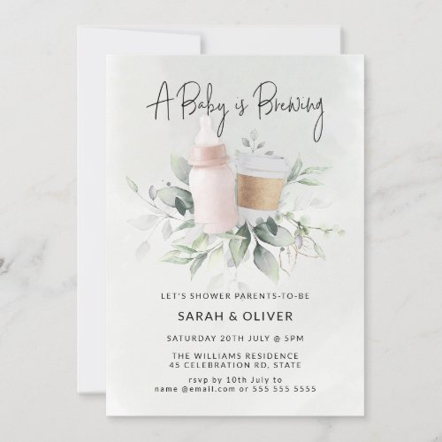 A Baby is Brewing Coffee Greenery Girl Baby Shower Invitation