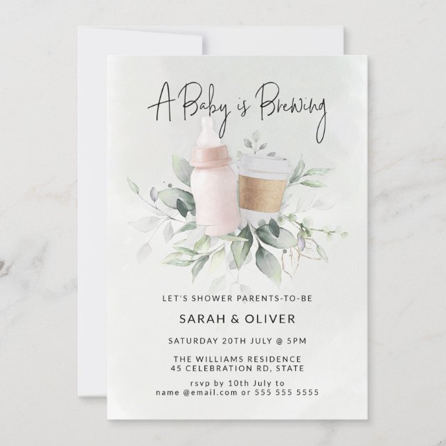 A Baby is Brewing Coffee Greenery Girl Baby Shower Invitation (Front)