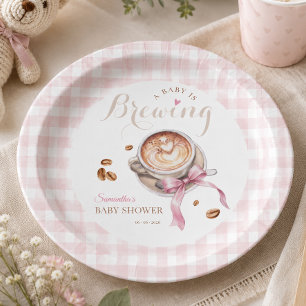 A baby is brewing coffee pink bow baby shower paper plates
