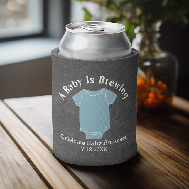 A Baby is Brewing - Couples Shower Favor Blue Boy Can Cooler (Baby Shower Favor - Personalized Can Cooler for a Couple's Shower - A Baby is Brewing)