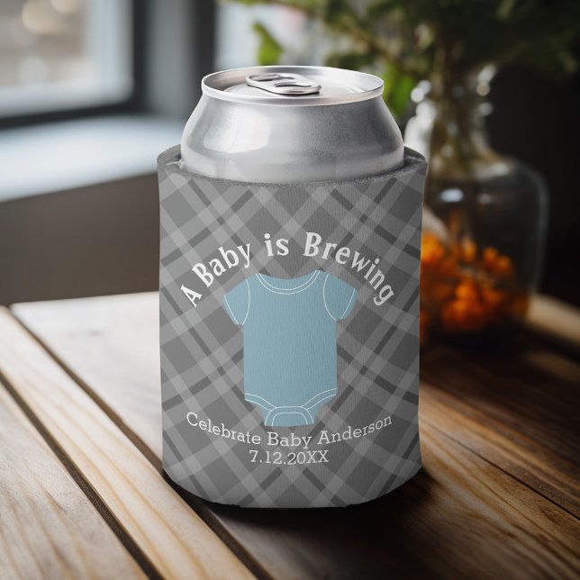 A Baby is Brewing - Couples Shower Favor Blue Boy Can Cooler (Baby Shower Favor - Personalized Can Cooler for a Couple's Shower - A Baby is Brewing)
